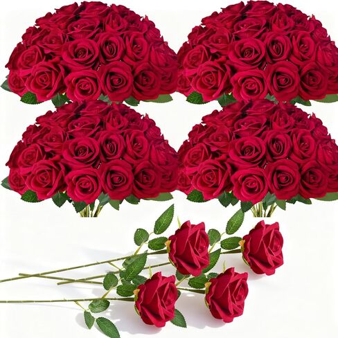 52Pcs Red Roses Artificial Flowers with Stems，Fake Roses Bouquet Fake Flowers Bulk，Silk Velvet Roses for Wedding Centerpieces Arrangement Baby Shower Birthday Home Decor Gifts in Kuwait