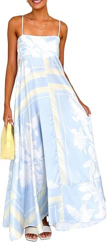 Women Boho Floral Maxi Dress Spaghetti Strap Smocked Back Flowy Dress Sleeveless Aline Long Sundress in Saudi Arabia