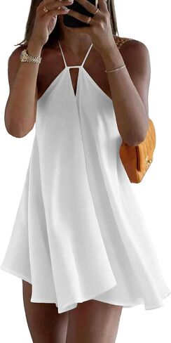 Women's Mini Dress Halter Neck Tie Sundress Backless Sleeveless Flowy Beach Dresses Summer Vacation Dress in Kuwait