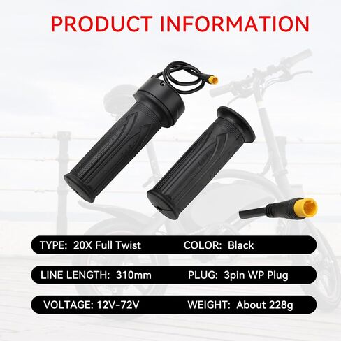 LKV 20X Full Twist Throttle for Ebike, 12V-72V Electric Bike Throttle Grip with 3-Pin Waterproof Connector, Compatible with Ridstar Q20 & Electric Scooters, 22.2mm Handlebar in Saudi Arabia