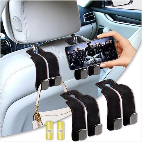 ترقية الخطافات المزدوجة لظهر المقعد الجلدي وحامل الهاتف المحمول - خطاف محفظة منظم السيارة، متعدد الوظائف مخفي عالمي (أسود، قطعتان) in Kuwait