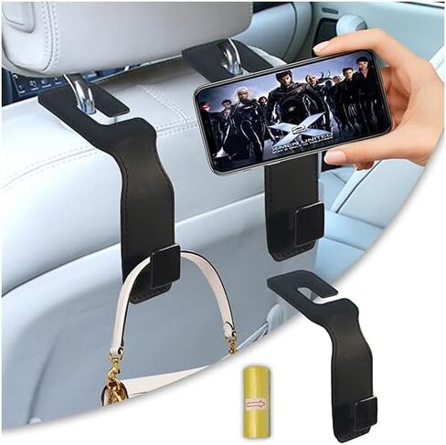 Upgrade Leather Seat Back Double Hooks & Mobile Phone Holder - Car Organizer Purse Hook, Universal Hidden Multifunctional (Black, 2pcs) in Saudi Arabia