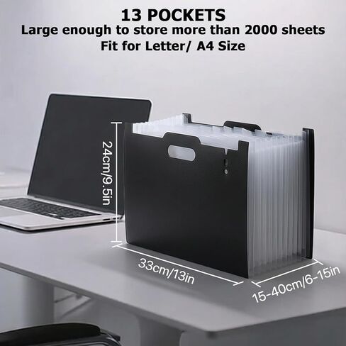 منظم ملفات الأكورديون ذو 13 فتحة، مجلد ملفات ممتد ذو سعة كبيرة، منظم مستندات بلاستيكي للاستخدام المكتبي، حامل ملفات بحجم الحروف لتخزين المكتب (أسود) in Kuwait