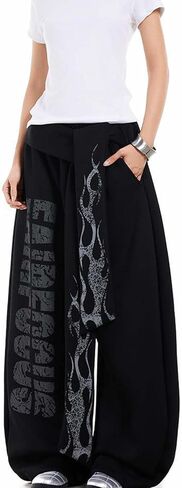 Women's Hip Hop Wide Leg Sweat Pants - Baggy Cargo Joggers with Graffiti Print & Drawstring Waist for Y2K Streetwear in Saudi Arabia