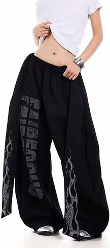 Women's Hip Hop Wide Leg Sweat Pants - Baggy Cargo Joggers with Graffiti Print & Drawstring Waist for Y2K Streetwear in Saudi Arabia