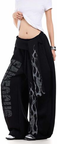 Women's Hip Hop Wide Leg Sweat Pants - Baggy Cargo Joggers with Graffiti Print & Drawstring Waist for Y2K Streetwear in Saudi Arabia