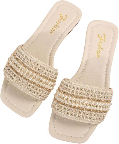 OYOANGLE Women's Pearls Beaded Flat Sandals Dressy Open Toe Slip On Flats Summer Casual Outdoor Wedding Beach Slide Sandals in Saudi Arabia