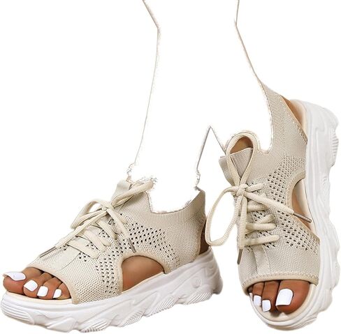 Women Summer Athletic Shoes Sandals Mesh Casual Thick Soled Lace Up Sandals Open Toe Beach Shoes Wedge Sandals for Women in Saudi Arabia