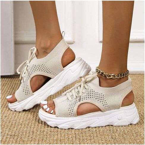 Women Summer Athletic Shoes Sandals Mesh Casual Thick Soled Lace Up Sandals Open Toe Beach Shoes Wedge Sandals for Women in Saudi Arabia