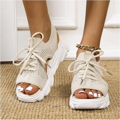 Women Summer Athletic Shoes Sandals Mesh Casual Thick Soled Lace Up Sandals Open Toe Beach Shoes Wedge Sandals for Women in Saudi Arabia