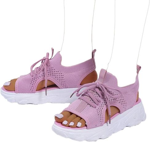 Women Summer Athletic Shoes Sandals Mesh Casual Thick Soled Lace Up Sandals Open Toe Beach Shoes Wedge Sandals for Women in Saudi Arabia