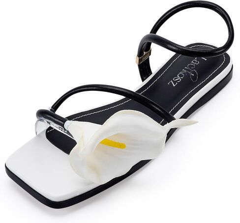 صنادل مسطحة على شكل زهرة للنساء، صنادل زنبق كالا، مربعة مفتوحة من الأمام، شباشب بأشرطة زهرية، أحذية زفاف صيفية أنيقة in Kuwait