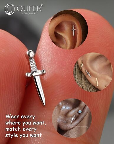 OUFER 925 Sterling Silver Helix Piercing Jewelry, Sword Cartilage Earrings Studs, 16G Flat Back Earrings for Women, Internally Threaded for Helix Conch Tragus Lip Piercing Jewelry in Kuwait