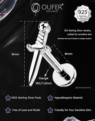 OUFER 925 Sterling Silver Helix Piercing Jewelry, Sword Cartilage Earrings Studs, 16G Flat Back Earrings for Women, Internally Threaded for Helix Conch Tragus Lip Piercing Jewelry in Kuwait