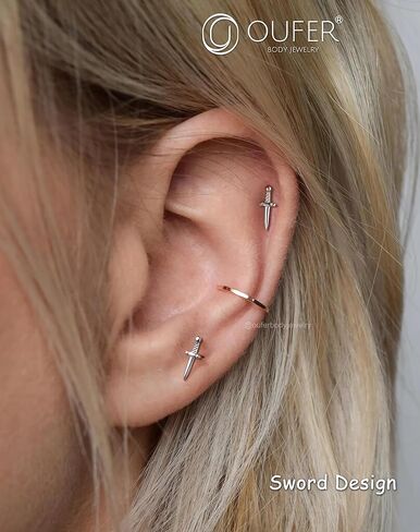 OUFER 925 Sterling Silver Helix Piercing Jewelry, Sword Cartilage Earrings Studs, 16G Flat Back Earrings for Women, Internally Threaded for Helix Conch Tragus Lip Piercing Jewelry in Kuwait