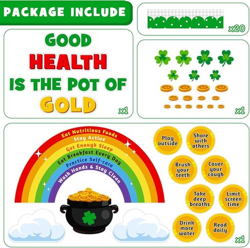 St. Patrick's Day Health Bulletin Board Decoration Set, March Inspirational Classroom Decorations Shamrock Pot of Gold Rainbow Cutouts RA School Counselor Therapy Calm Corner Door Decor for Teacher in Kuwait