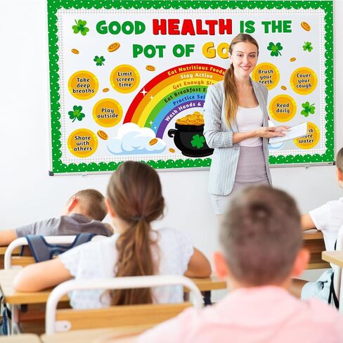 St. Patrick's Day Health Bulletin Board Decoration Set, March Inspirational Classroom Decorations Shamrock Pot of Gold Rainbow Cutouts RA School Counselor Therapy Calm Corner Door Decor for Teacher in Kuwait