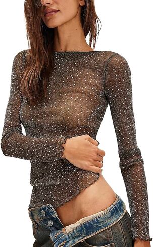 بلوزة نسائية من Shiyifa مصنوعة من الدانتيل وحجر الراين لامعة شفافة من خلال الشبكة وأكمام طويلة ورقبة على شكل قارب in Kuwait