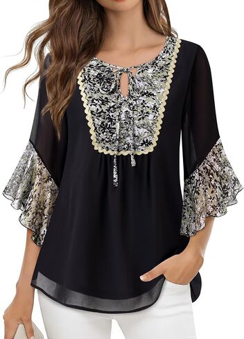 Lotusmile Womens Blouses Dressy Casual 3/4 Sleeve Tops Ruffle Floral V Neck Chiffon Trendy Work Shirts in Saudi Arabia
