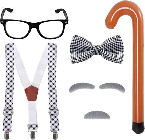 SUMERSHA 5Pcs Old Man Costume Set, Suspenders Bow Tie Glasses Mustache Eyebrows Set and Inflatable Cane for Grandpa Cosplay Accessories in Saudi Arabia