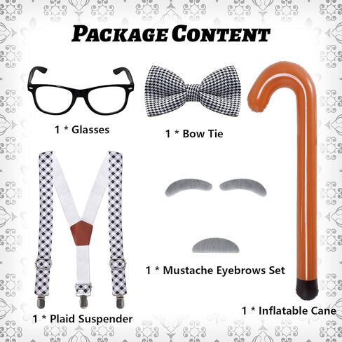 SUMERSHA 5Pcs Old Man Costume Set, Suspenders Bow Tie Glasses Mustache Eyebrows Set and Inflatable Cane for Grandpa Cosplay Accessories in Saudi Arabia