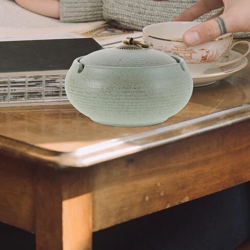 Modern Ceramic Ashtray with Lid for Outdoor and Indoor Use Windproof Covered Ash Tray for Patio Living Study Easy to Clean and Home Decor in Light Green in Saudi Arabia