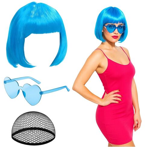 شعر مستعار بوب، شعر مستعار قصير، شعر مستعار بوب مع قبعة شعر ونظارات شمسية على شكل قلب، شعر مستعار نسائي مع غرة لحفلات الهالوين الكرنفالية (أزرق) in Kuwait