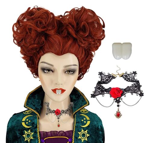 شعر مستعار Winifred Sanderson التنكري للكبار مع قلادة وأسنان Winifred Sanderson، شعر مستعار أخوات Sanderson Cosplay Hocus Pocus للنساء in Kuwait