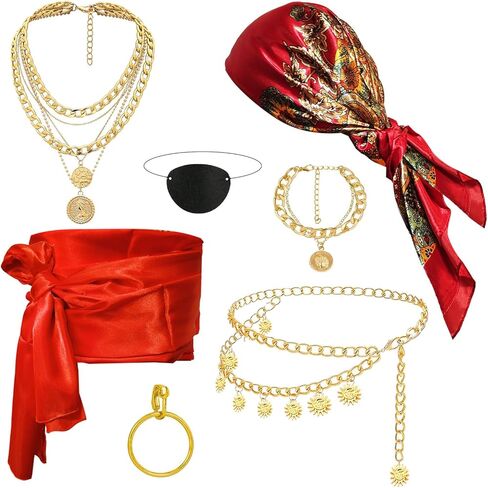 مجموعة أزياء القراصنة الرجالية للنساء مع وشاح للرأس وقلادة وحزام على شكل سلسلة وحزام لحفلات الهالوين باللون الأحمر in Kuwait