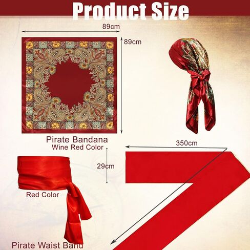 مجموعة أزياء القراصنة الرجالية للنساء مع وشاح للرأس وقلادة وحزام على شكل سلسلة وحزام لحفلات الهالوين باللون الأحمر in Kuwait
