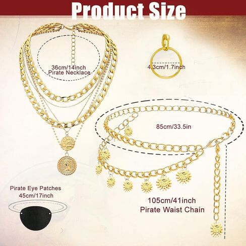 مجموعة أزياء القراصنة الرجالية للنساء مع وشاح للرأس وقلادة وحزام على شكل سلسلة وحزام لحفلات الهالوين باللون الأحمر in Kuwait