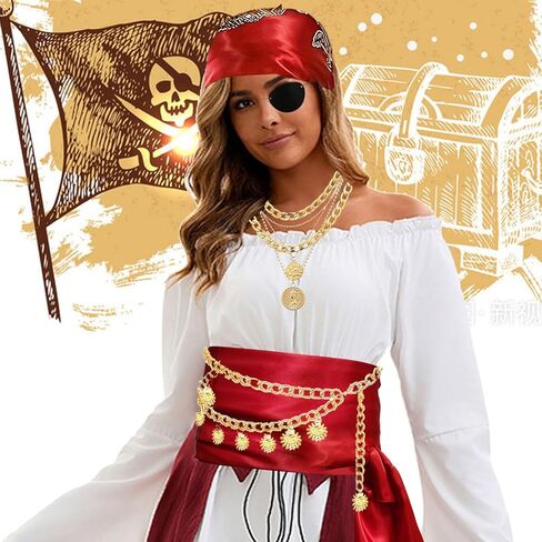 مجموعة أزياء القراصنة الرجالية للنساء مع وشاح للرأس وقلادة وحزام على شكل سلسلة وحزام لحفلات الهالوين باللون الأحمر in Kuwait