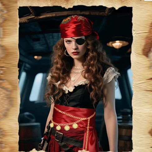 مجموعة أزياء القراصنة الرجالية للنساء مع وشاح للرأس وقلادة وحزام على شكل سلسلة وحزام لحفلات الهالوين باللون الأحمر in Kuwait