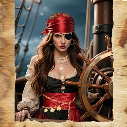 مجموعة أزياء القراصنة الرجالية للنساء مع وشاح للرأس وقلادة وحزام على شكل سلسلة وحزام لحفلات الهالوين باللون الأحمر in Kuwait