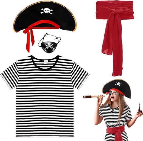 Women Pirate Costume Accessories Set Black White Striped T-Shirt Pirate Head Scarf Hat Belt for Halloween Cosplay in Saudi Arabia