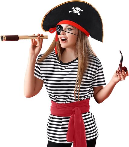 Women Pirate Costume Accessories Set Black White Striped T-Shirt Pirate Head Scarf Hat Belt for Halloween Cosplay in Saudi Arabia