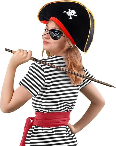Women Pirate Costume Accessories Set Black White Striped T-Shirt Pirate Head Scarf Hat Belt for Halloween Cosplay in Saudi Arabia