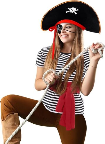 Women Pirate Costume Accessories Set Black White Striped T-Shirt Pirate Head Scarf Hat Belt for Halloween Cosplay in Saudi Arabia