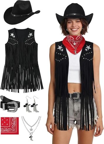 SOMSOC 7 PC Cowgirl Outfits for Women Western Costume Accessories Cowboy Hat Belt Tassels Vest Bandana Set for Hippie Cosplay in Saudi Arabia