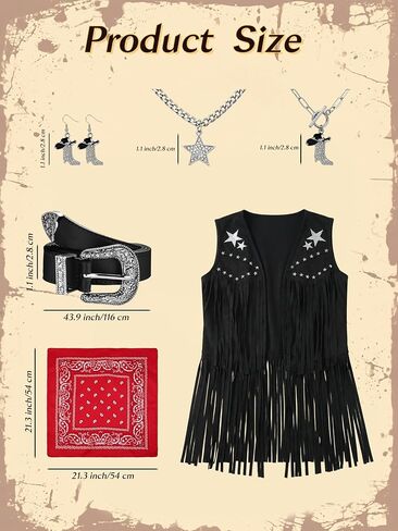 SOMSOC 7 PC Cowgirl Outfits for Women Western Costume Accessories Cowboy Hat Belt Tassels Vest Bandana Set for Hippie Cosplay in Saudi Arabia