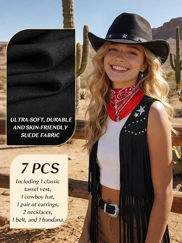 SOMSOC 7 PC Cowgirl Outfits for Women Western Costume Accessories Cowboy Hat Belt Tassels Vest Bandana Set for Hippie Cosplay in Saudi Arabia