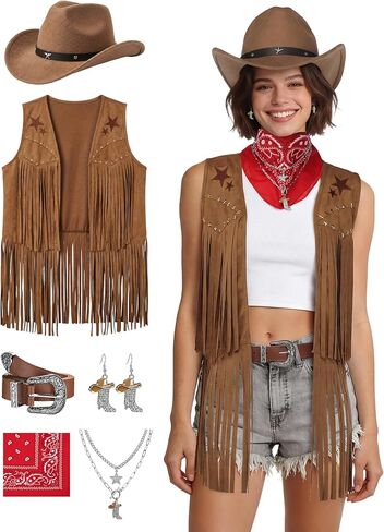 SOMSOC 7 PC Cowgirl Outfits for Women Western Costume Accessories Cowboy Hat Belt Tassels Vest Bandana Set for Hippie Cosplay in Saudi Arabia