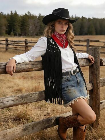 SOMSOC 7 PC Cowgirl Outfits for Women Western Costume Accessories Cowboy Hat Belt Tassels Vest Bandana Set for Hippie Cosplay in Saudi Arabia