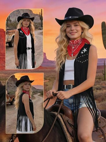 SOMSOC 7 PC Cowgirl Outfits for Women Western Costume Accessories Cowboy Hat Belt Tassels Vest Bandana Set for Hippie Cosplay in Saudi Arabia