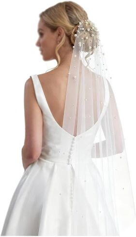 اللؤلؤ المتناثر الحجاب الزفاف الحجاب الزفاف 1 الطبقة مع مشط معدني ملفوفة تول in Kuwait