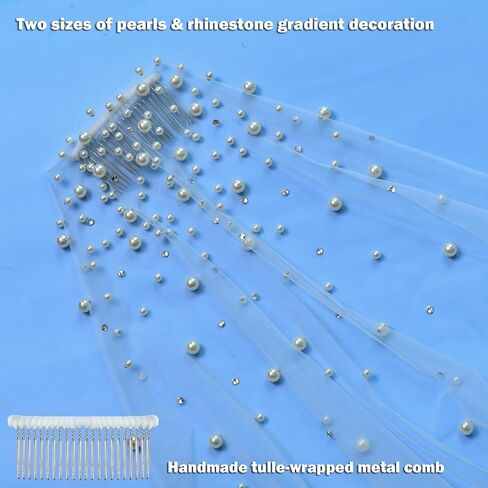 اللؤلؤ المتناثر الحجاب الزفاف الحجاب الزفاف 1 الطبقة مع مشط معدني ملفوفة تول in Kuwait