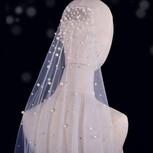 Scattered Pearls Bridal Veil Wedding Veil 1 Tier with Tulle-Wrapped Metal Comb in Saudi Arabia