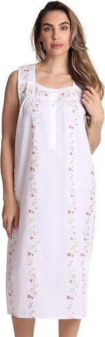 ثوب نوم نسائي بدون أكمام من Dreamcrest - فستان نوم من مزيج القطن المطرز بالورود بطول الفالس مع زر أمامي in Kuwait