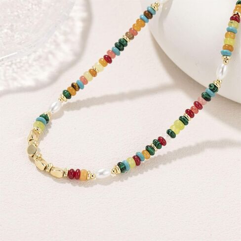 قلادة مطرزة ملونة للنساء قلادة قوس قزح بوهو متعدد الألوان حبة المختنق قلادة 17 "+ 2" تمديد مجوهرات الصيف للشاطئ in Saudi Arabia