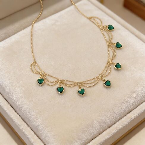 قلادة على شكل قلب أخضر من النحاس المطلي بالذهب عيار 14 قيراط للنساء، قلادة قلادة على شكل قلب أخضر مكعبة من حجر الزركون وحجر الراين، مجوهرات عصرية عصرية للارتداء اليومي وهدايا الحفلات in Kuwait